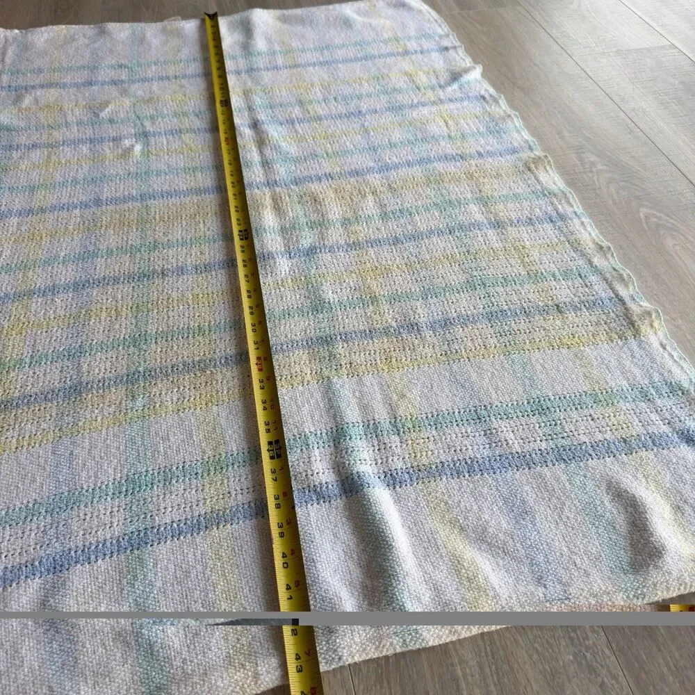 Beacon Vintage Baby Blanket Pastel Plaid Stripe Knit Waffle Weave USA 43” X 30”